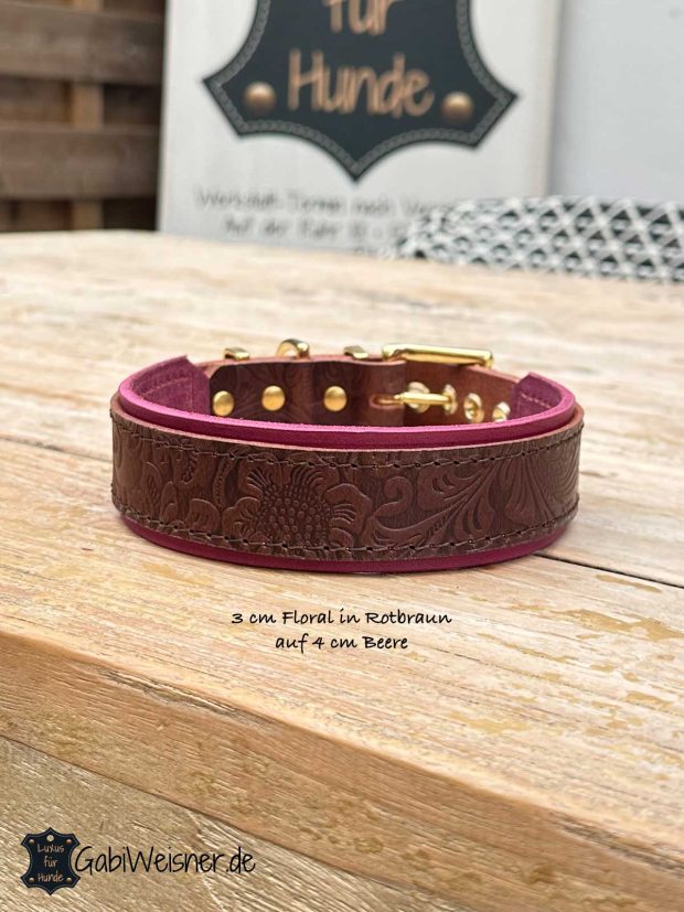 Hundehalsband aus Leder 3 cm Floral in Rotbraun auf 4 cm Beere