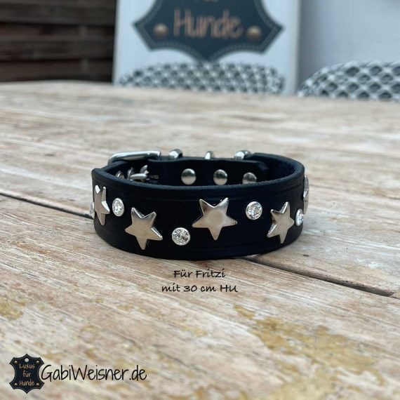 Hundehalsband mit Sterne und Strass auf Leder 3 cm breit