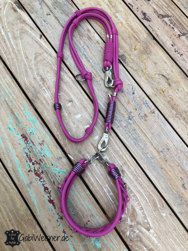 Hundehalsband SET aus Leder in Pink