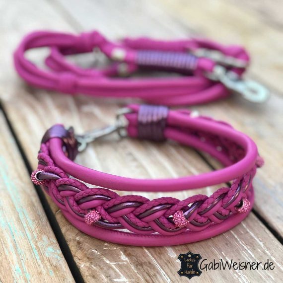 Hundehalsband und Leine aus Leder in Pink.
