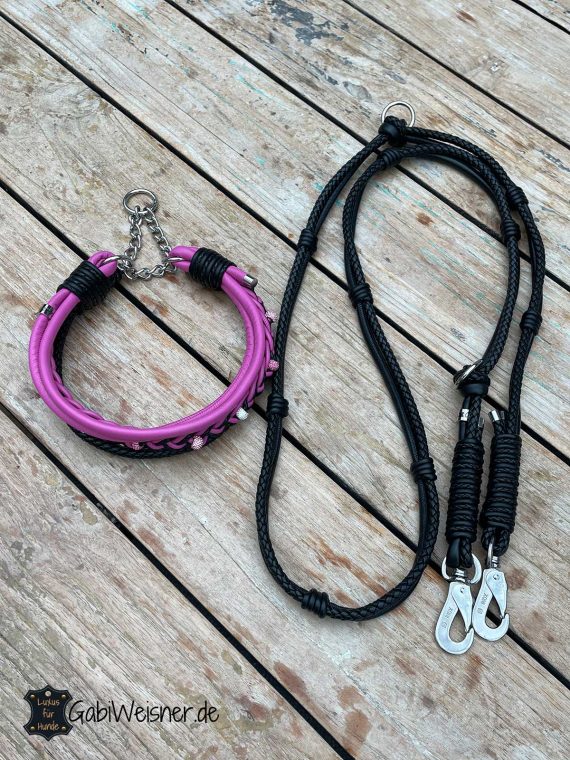Hundehalsband SET aus Leder in Pink und Schwarz, Luxus für große Hunde