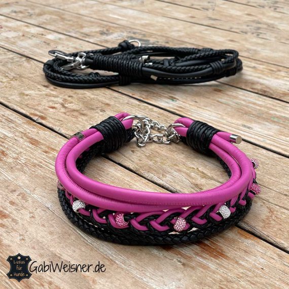Hundehalsband SET aus Leder in Pink und Schwarz, Luxus für große Hunde