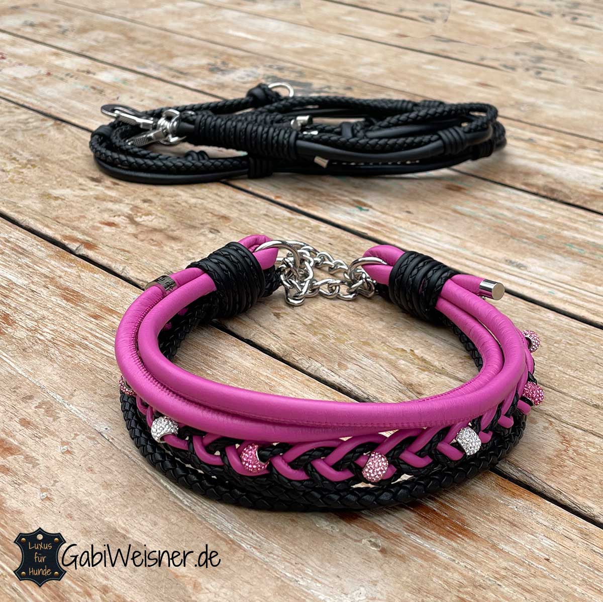 Hundehalsband SET aus Leder in Pink und Schwarz, Luxus für große Hunde