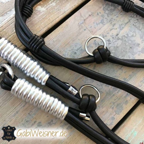 Luxus Hundeleine aus Leder in Schwarz und Silber Metallic