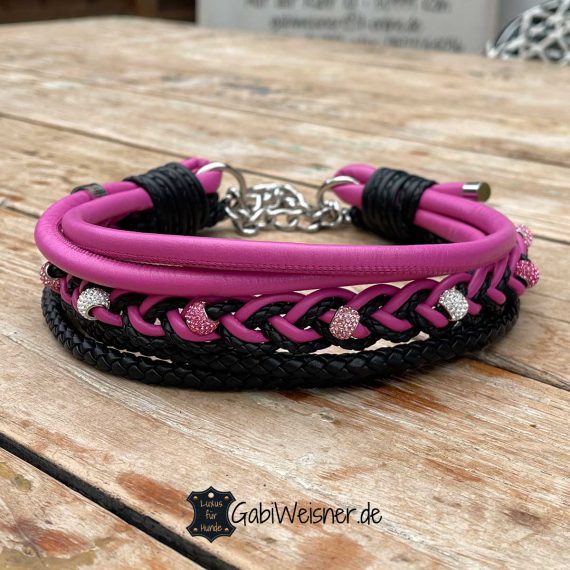 Hundehalsband aus Leder in Pink und Schwarz.