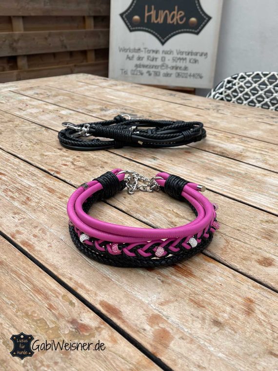 Hundehalsband SET aus Leder in Pink und Schwarz, Luxus für große Hunde