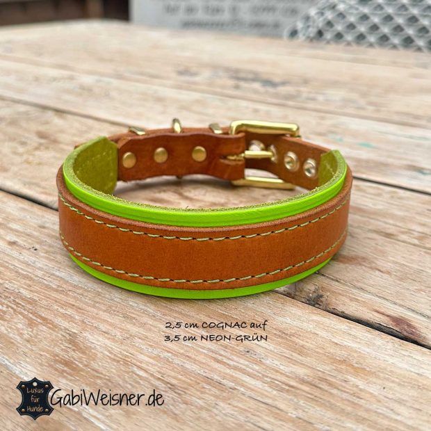 Hundehalsband 2,5 cm COGNAC auf 3,5 cm NEON-GRÜN
