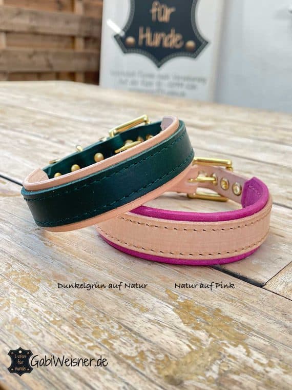 Hundehalsband aus Leder Dunkelgrün auf Natur und Natur auf Pink