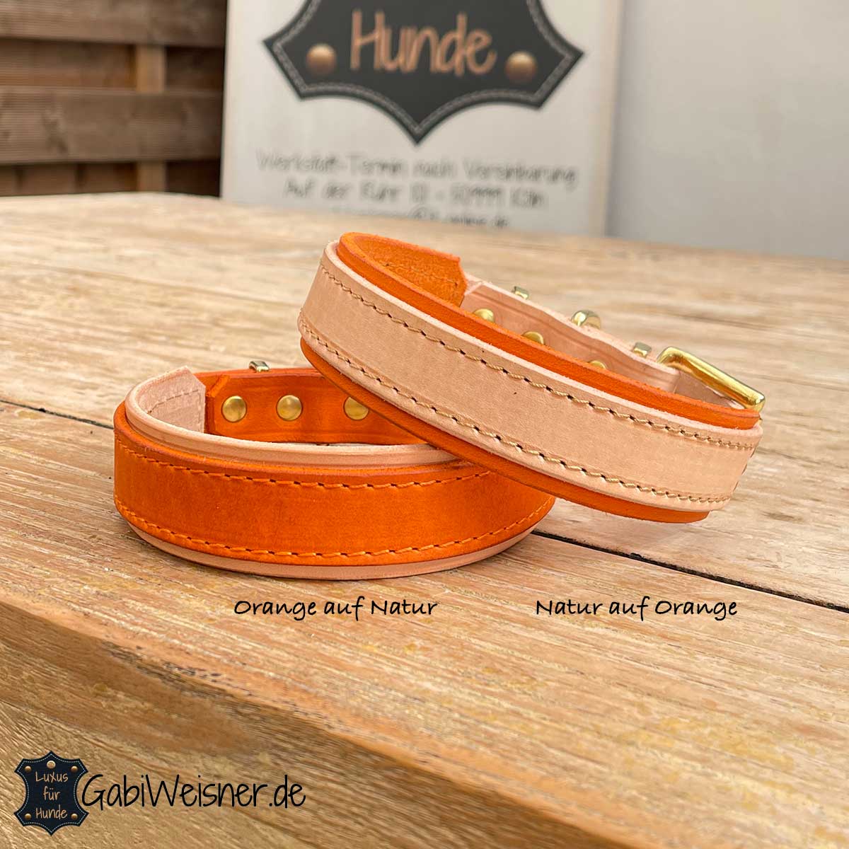 Hundehalsband aus Leder Orange auf Natur und Natur auf Orange