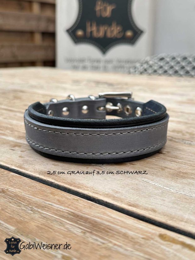 Hundehalsband Leder 2,5 cm GRAU auf 3,5 cm SCHWARZ