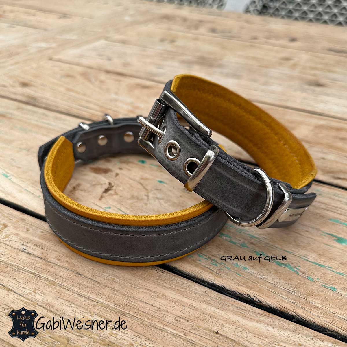 Hundehalsband Leder GRAU auf GELB