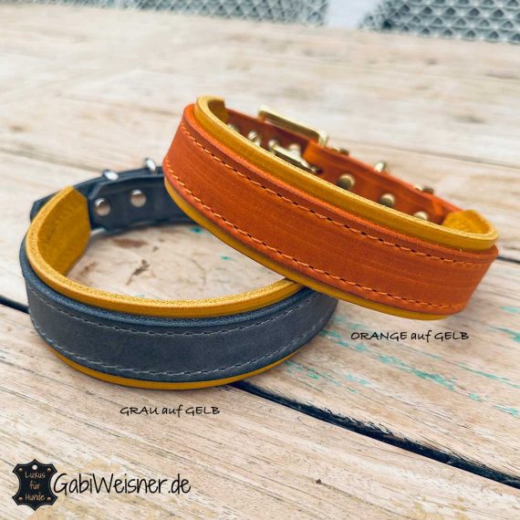 Hundehalsband Leder GRAU oder ORANGE auf GELB