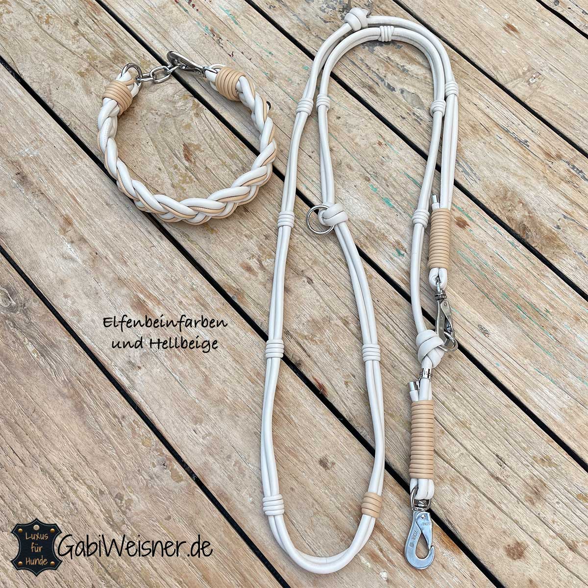 Hundehalsband SET aus Leder in Elfenbeinfarben