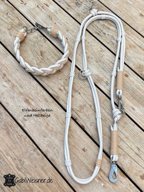 Hundehalsband SET aus Leder in Elfenbeinfarben und Hellbeige