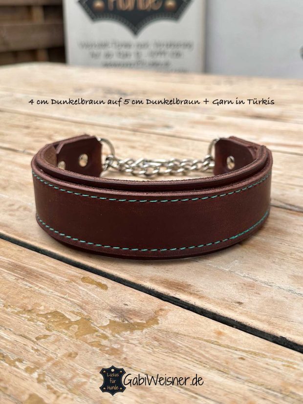 Zugstopp Hundehalsband aus Leder 4 cm Dunkelbraun auf 5 cm Dunkelbraun + Garn in Türkis
