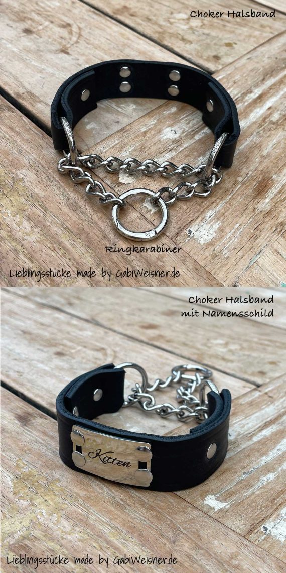 Choker aus Leder und mit Zugstoppkette aus Edelstahl, mit oder ohne Namensschild