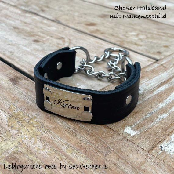 Choker aus Leder und mit Zugstoppkette aus Edelstahl, mit oder ohne Namensschild