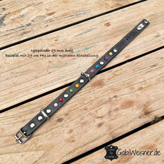 Halsband für kleine Hunde. Weiches Nappaleder 19 mm breit und in den zur Auswahl stehenden Farben. Dekoriert mit bunten Nieten im Mix.
