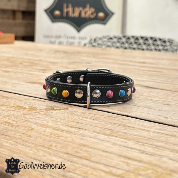 Halsband für kleine Hunde. Weiches Nappaleder 19 mm breit und in den zur Auswahl stehenden Farben. Dekoriert mit bunten Nieten im Mix.