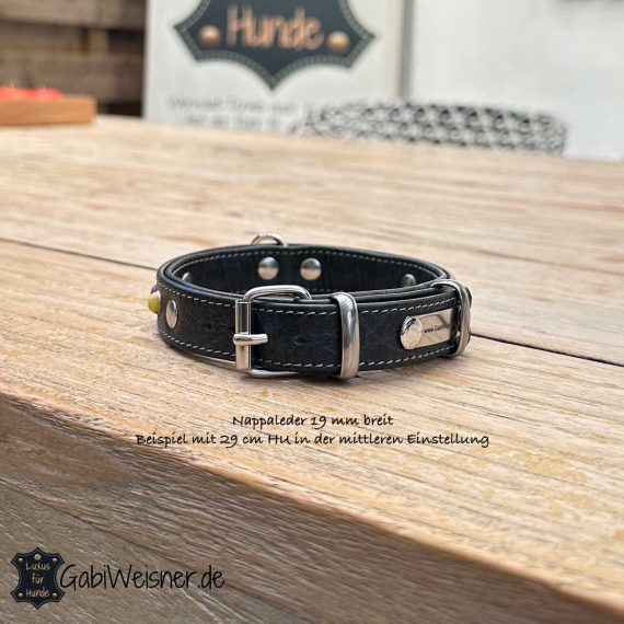 Halsband für kleine Hunde. Weiches Nappaleder 19 mm breit und in den zur Auswahl stehenden Farben. Dekoriert mit bunten Nieten im Mix.