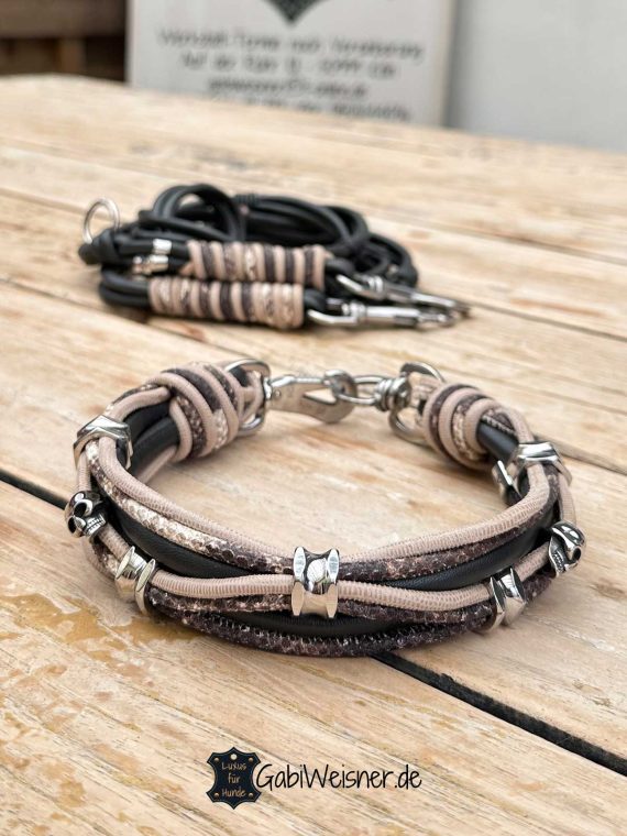 Luxus Hundehalsband SET aus Leder in Carbon + Schlangen-Echsenlederprägung