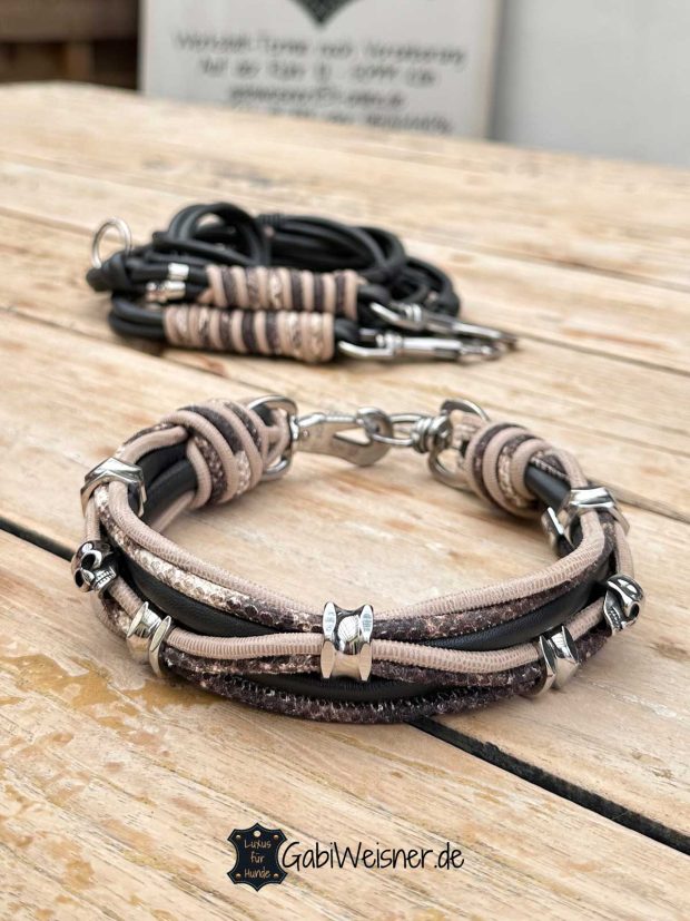 Luxus Hundehalsband SET aus Leder in Carbon + Schlangen-Echsenlederprägung