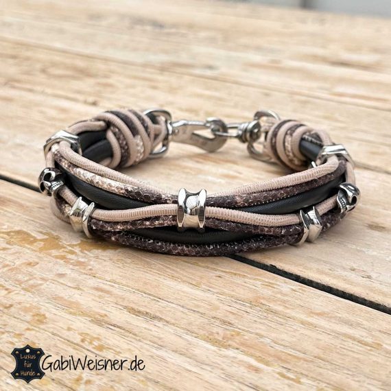 Luxus Hundehalsband aus Leder in Carbon + Schlangen-Echsenlederprägung