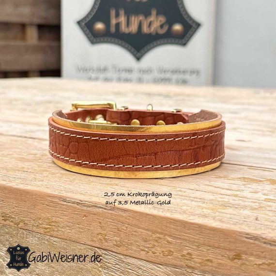 Hundehalsband mit Krokolederprägung auf Metallic Leder, individuelle Farben