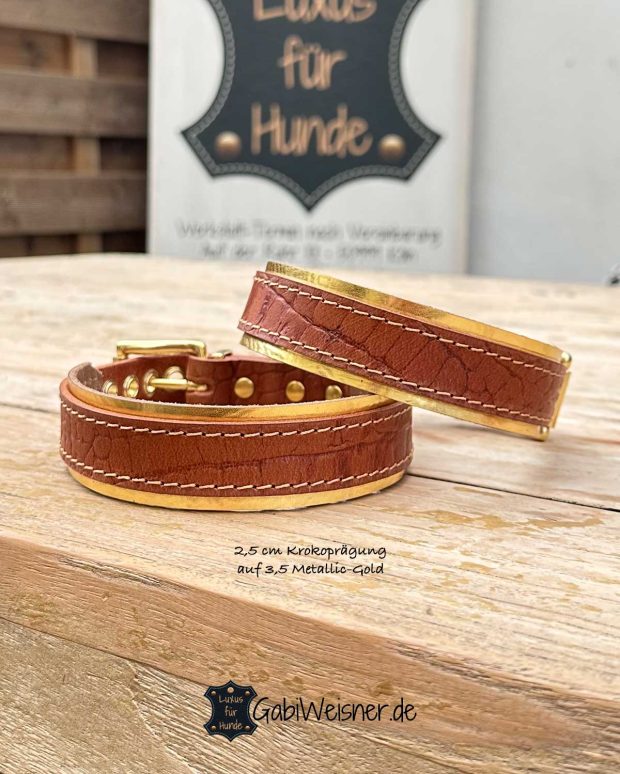Hundehalsband mit Krokolederprägung auf Metallic Leder, individuelle Farben
