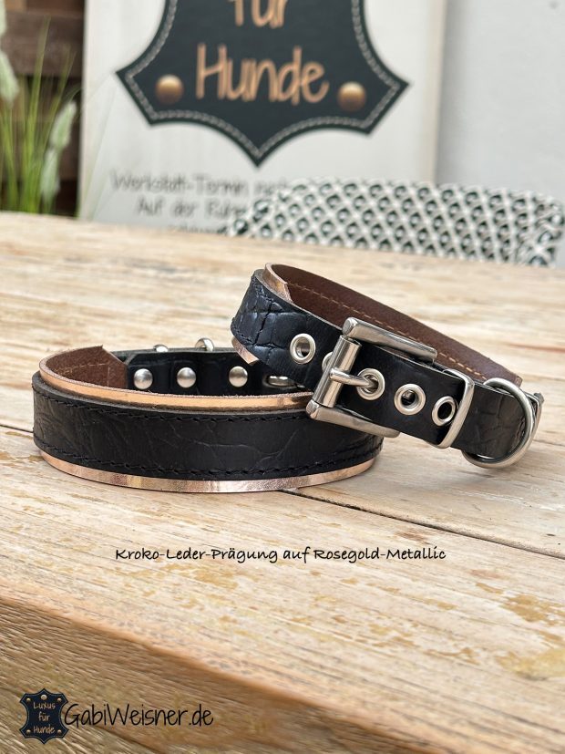 Hundehalsband Kroko-Leder-Prägung auf Rosegold-Metallic