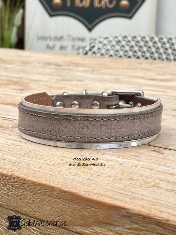Hundehalsband Leder- Oberleder ASH (Grau) auf Silber-Metallic