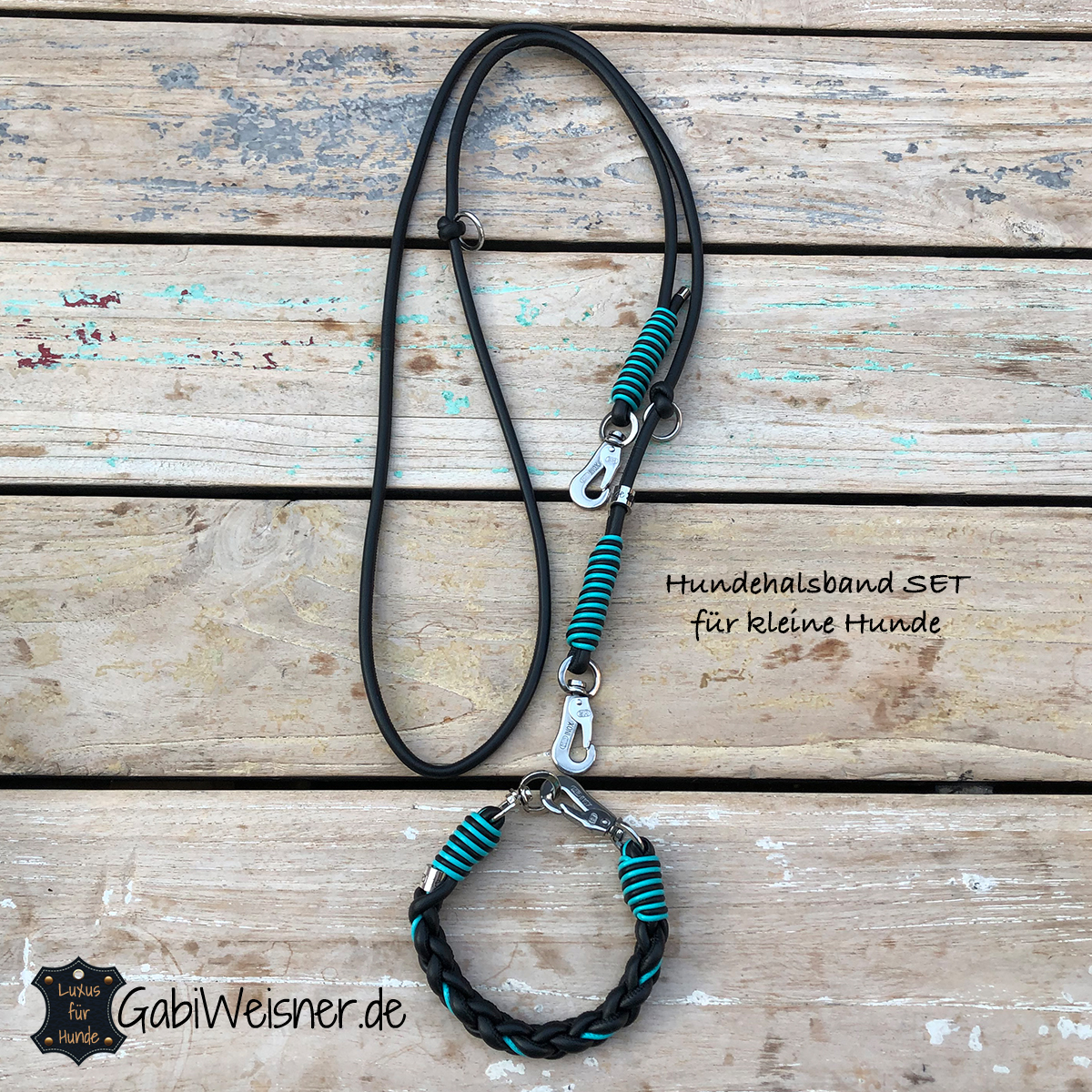 Hundehalsband SET aus Leder rund für kleine Hunde schwarz türkis