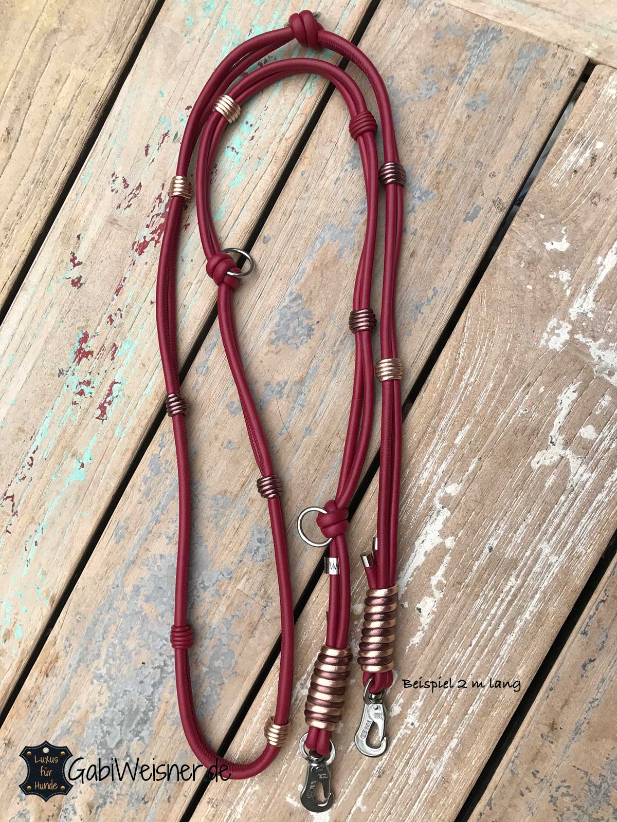 Luxus Hundeleine aus Leder in Dunkelrot + Metallic-Farben