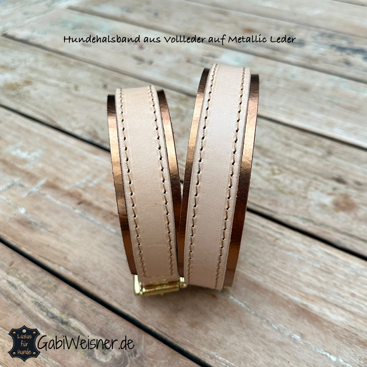 Hundehalsband aus Vollleder in Natur auf Metallic Leder in Kupfer