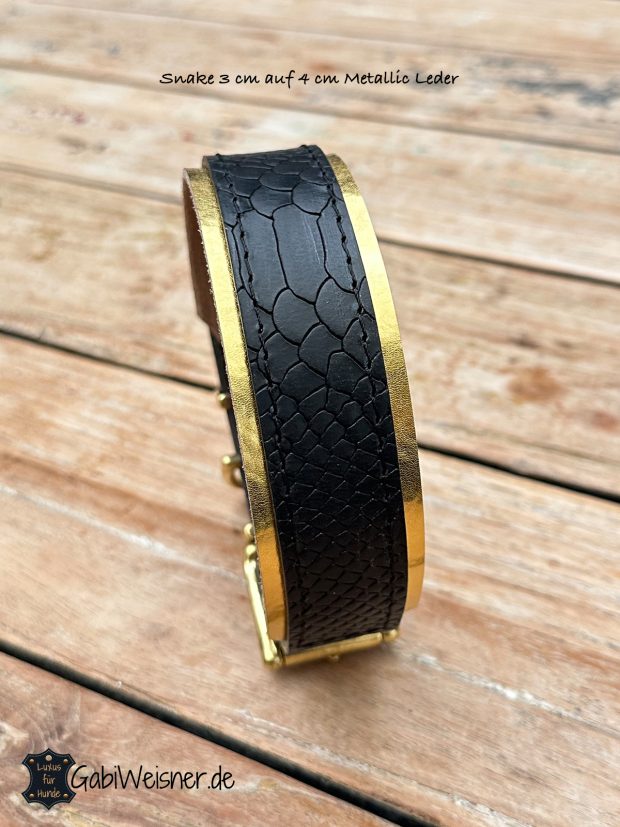 Hundehalsband Snake Schwarz auf Metallic Gold, 3 auf 4 cm