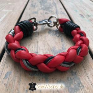 Hundehalsband rund, Leder Mix in Rot, Schwarz und Grau