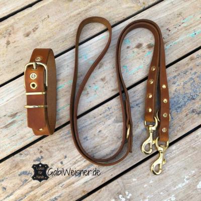 Basic-SET-Hundehalsband-Lederleine-Cognac-Messing