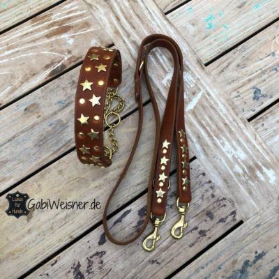 Halsband Leine Sterne SET Leder Cognac Messing