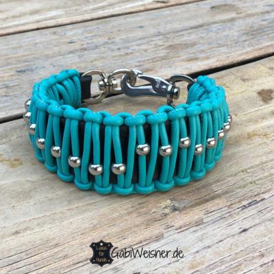 Hundehalsband-5-cm-breit-Leder-Tuerkis-schwarz-Edelstahl