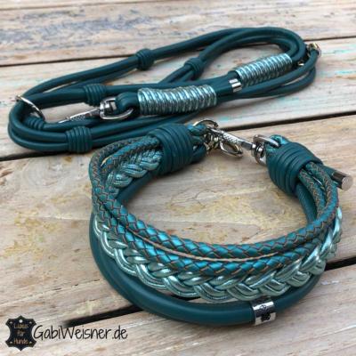 Hundehalsband-5-cm-breit-Lederleine-Petrol