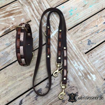 Hundehalsband-Hundeleine-Leder-mit-Kroko-Optik-2-cm-breit-Braun-Messing-Karabiner,