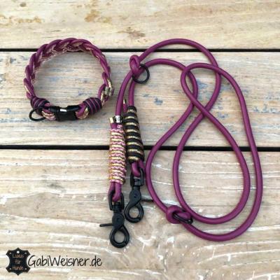 Hundehalsband-für-kleine-Hunde,-mit-Leine,-Leder-in-BEERE-SCHWARZ-GOLD-ROSA.-Bestückt-mit-Beschlag-in-SCHWARZ