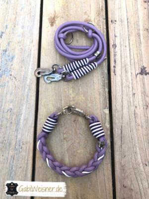 Hundehalsband Hundeleine Leder Flieder Lila Weiß 1