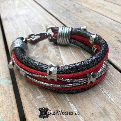 Luxus-Hundehalsband-Leder-in-Rot-Silber-Anthrazit-35-cm