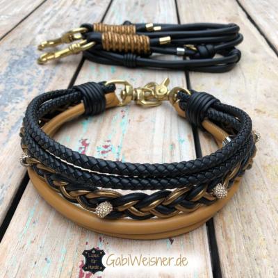 Luxus-Hundehalsband-und-Leine-Leder-in-Schwarz-Cognac-1