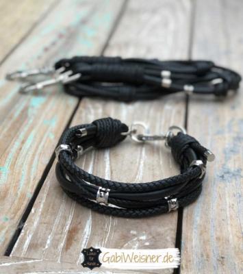 Luxus Hundehalsband Leine Leder Schwarz 1