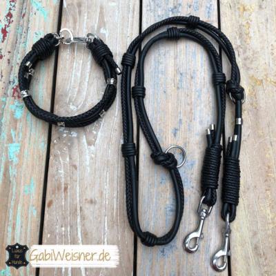 Luxus Hundehalsband Leine Leder Schwarz 2