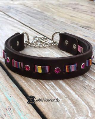 hundehalsband zugstopp swarovski pink leder braun ethno rosa1