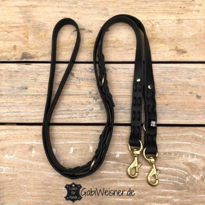 hundeleine-leder 2 cm breit messing karabiner steppmuster schwarz-3-fach verstellbar schwarz