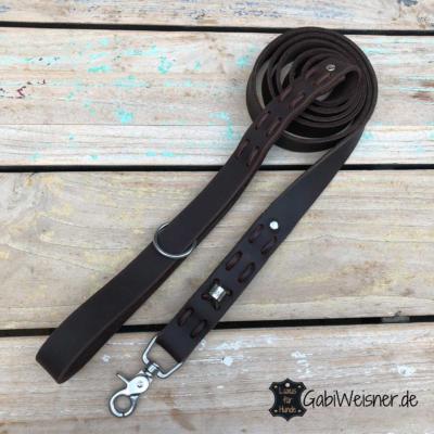 hundeleine mit handschlaufe leder 3 cm breit steppmuster braun edelstahl -2 -meter lang